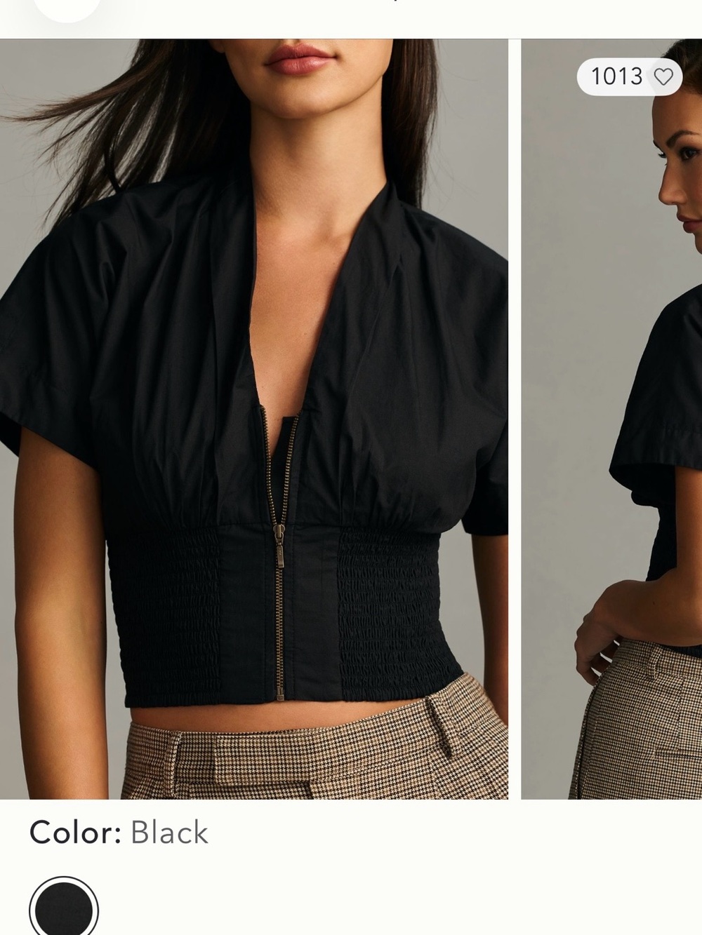 Maeve by Anthropologie Black Cropped Zip-Front Smocked-Waist Top